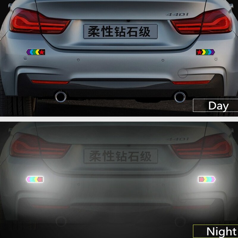 2pcs Reflective Car Decals Warning Tape Reflective Star Arrow Direction Glow in Dark Tail Decoration Made with 3M