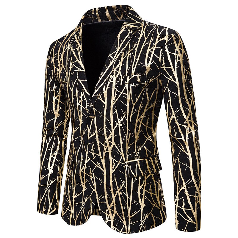 Mænd slim fit blazer skinnende sølv trægren print jakkesæt jakke dj club stage sanger tøj fest bryllup smoking blazer mænd: Guld / L