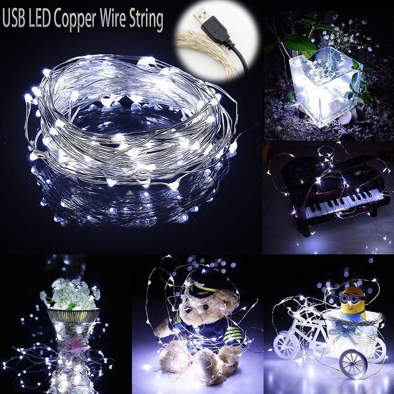 Guirlande lumineuse LED féerique en fil d'argent, 1M/5M/10M, pour noël, chambre à coucher, maison, mariage, nouvel an, décor, alimenté par USB