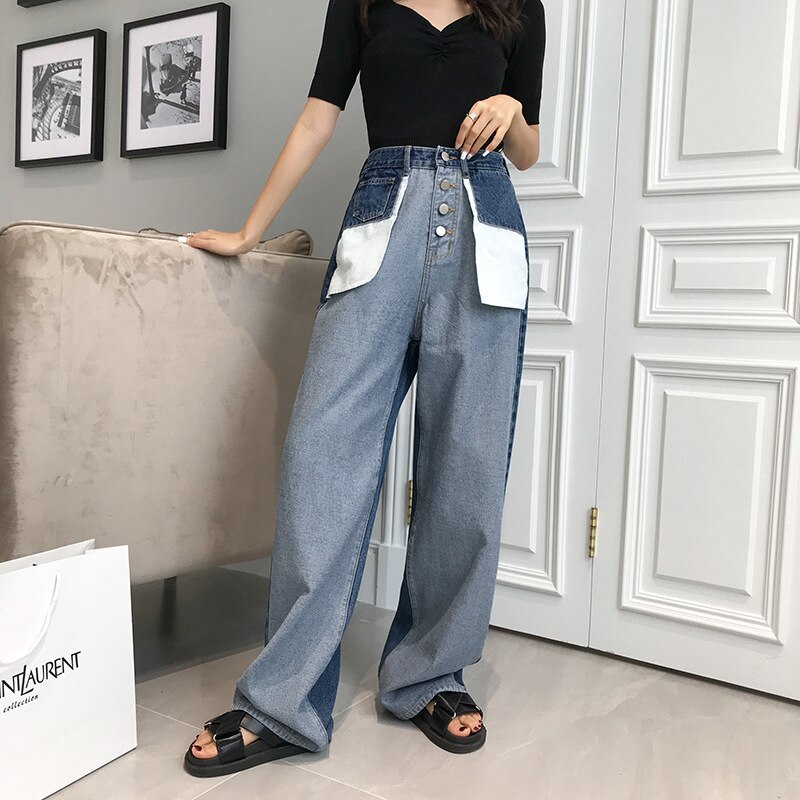 Dames mom jeans met hoge taille boyfriend jeans voor dames met knopen, patchwork losse rechte denim jeans: Stijl 3 blauw / M
