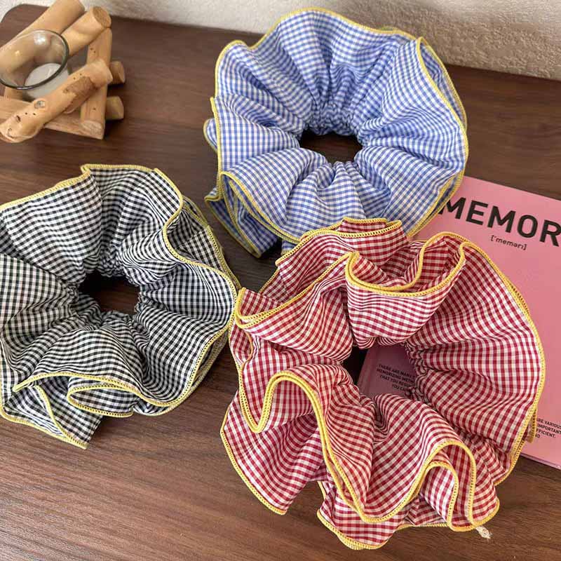Retro Colorful Lattice Ruffles Hair Scrunchies Headbands for Women Girls Sweet Romantic Hair Rope Rubber Band Hair Accessories