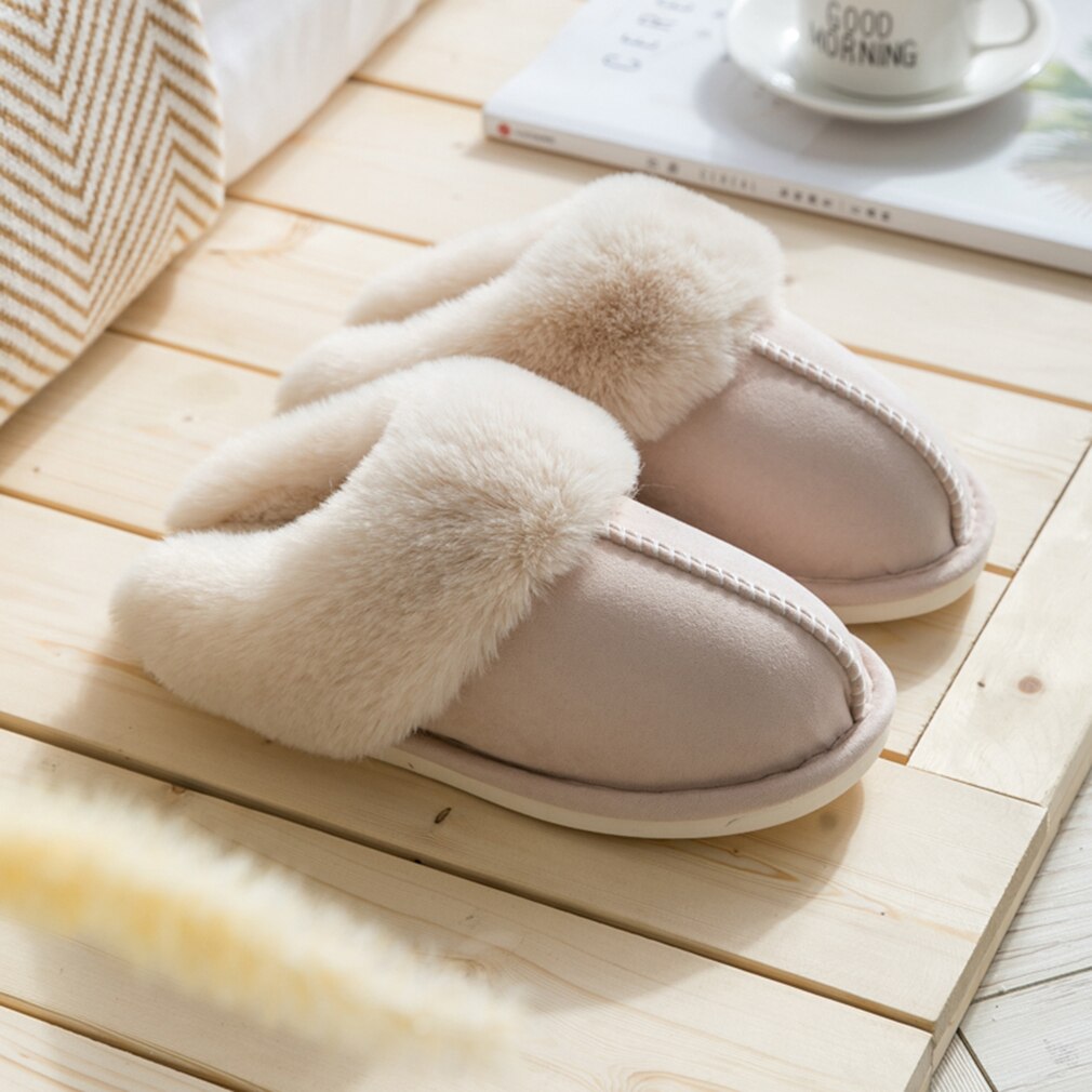 Nouvelles femmes fourrure maison pantoufles daim plat coton chaussures homme en peluche pantoufles Couple chambre diapositives fourrure intérieur chaussures: Beige / 6