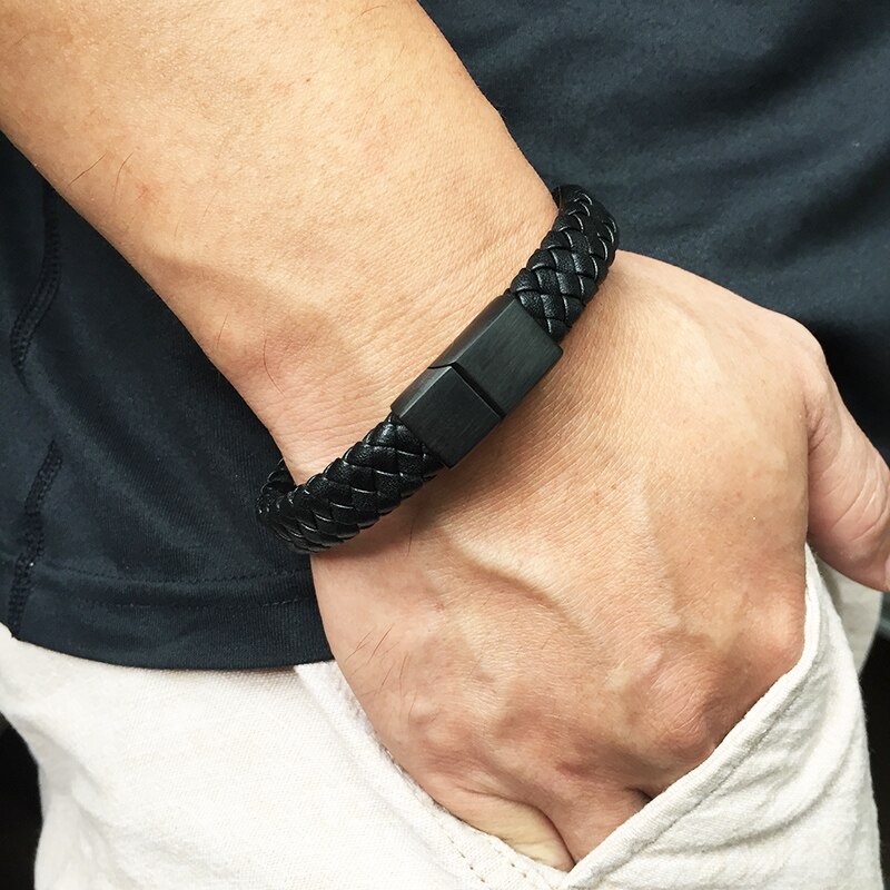 Bracelet Men Braided Leather Bracelet Exquisite Stainless Steel Magnetic Clasps Wrist Band Bangles BB740