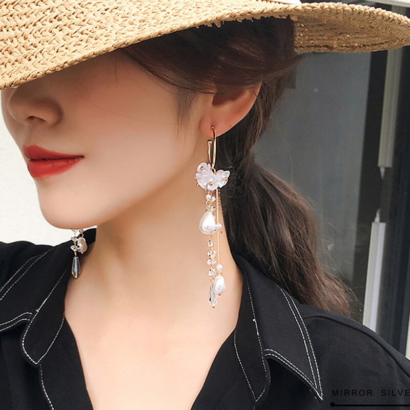 Pendientes colgantes bohemios de nueva flor para mujer, aretes largos a la con borlas y flores de diamantes de imitación, joyería para y boda,