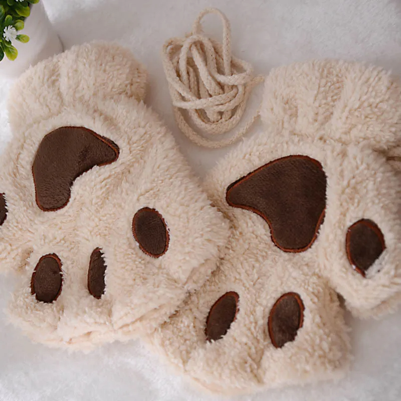 Jolies gants en peluche patte de chat, mitaines en peluche, chaudes et douces, courtes, sans doigts, ours pelucheux, Costume, gants demi-doigt: WHITE