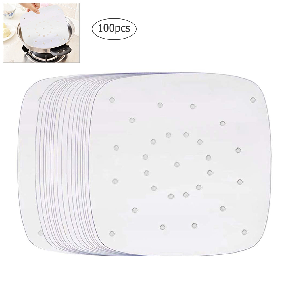 100 stk kvadratisk luftfrityrpapir ikke-pinne dampbukser perforert pergamentpapir dampende kurvmatte bakeverktøy: 6.5cm