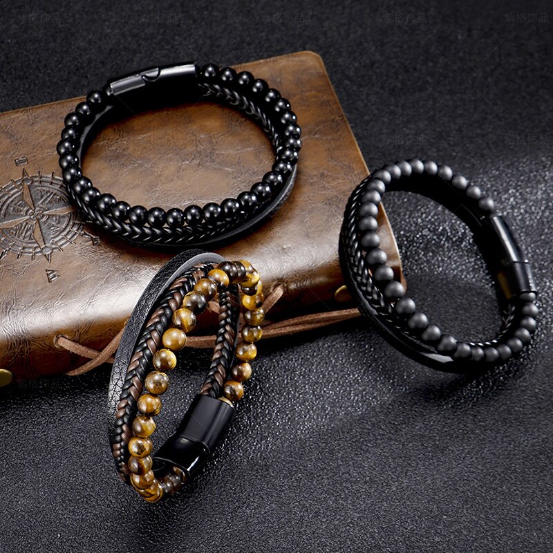 2022 Punk Lederen Armband Mannen Classic Multi Layer Magnetische Gesp Lederen Armband Voor Mannen Sieraden