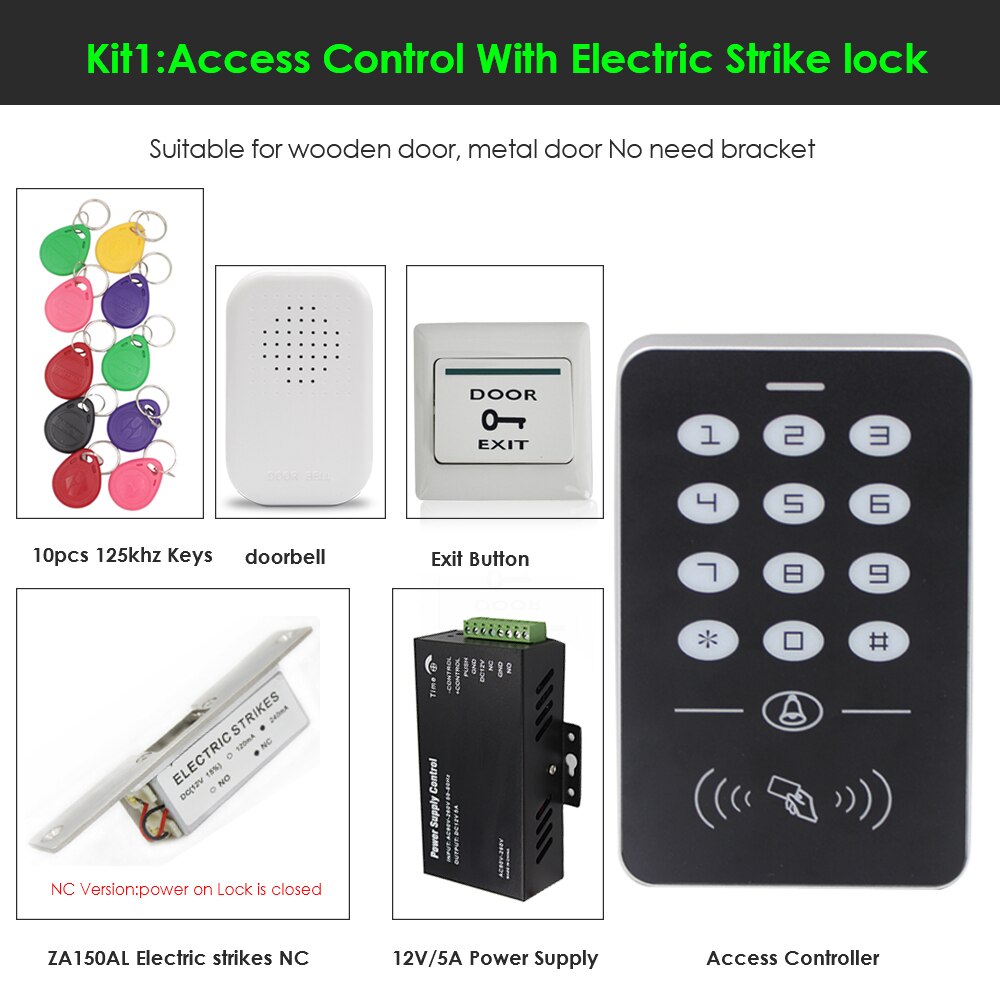 RFID keyboard keys Smart Door Access Control System With 180KG door lock electronic Power Supply Door Access Control System Kit: Kit 1