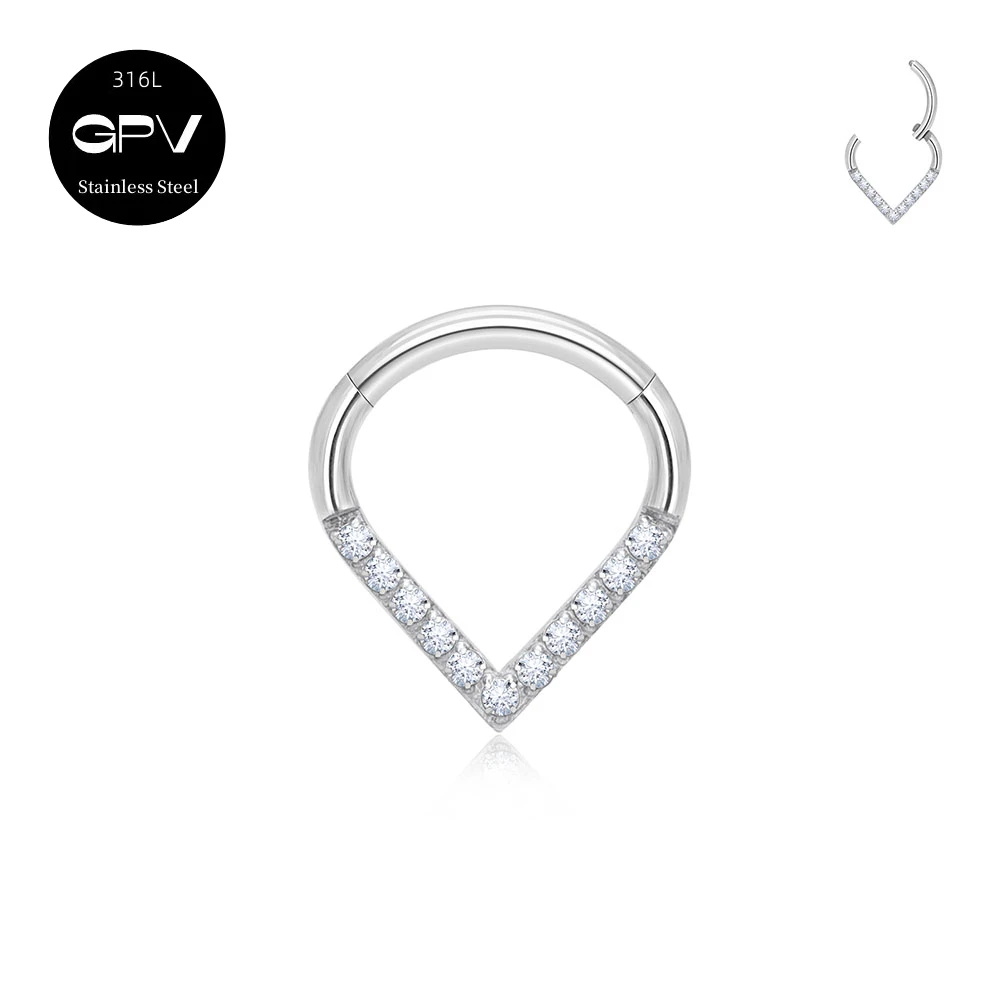 1/10 Uds. Anillo de nariz de gota en forma de corazón de acero inoxidable 316L 16G con incrustaciones ZC pendientes de joyería perforados para hombres y mujeres anillo de tabique: Blanco / Latón Plateado