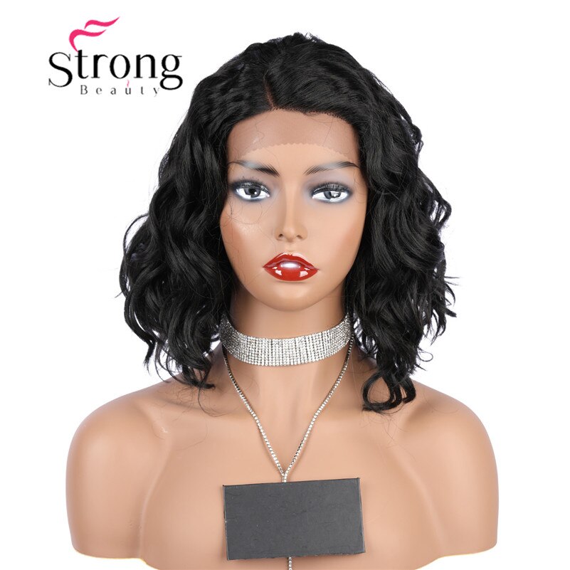 StrongBeauty Synthetische Lace Front Pruik Golvend Bob Kapsel Hittebestendige/Side Deel Natuurlijke Zwarte Pruik vrouwen Korte