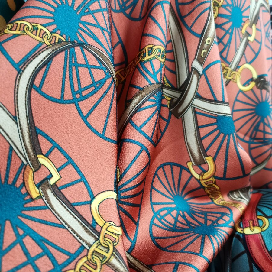 Retro klänning satäng hjul band kedja tryckt tyg patchwork skjorta halsduk byxor material: 2