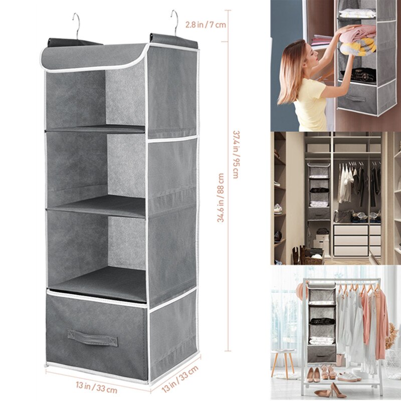 Hanging Closet Organizer Multi-layers Hanging Shelf Collapsible Closet Organizer with Side Pocket Underwear T-shirt Storage Box