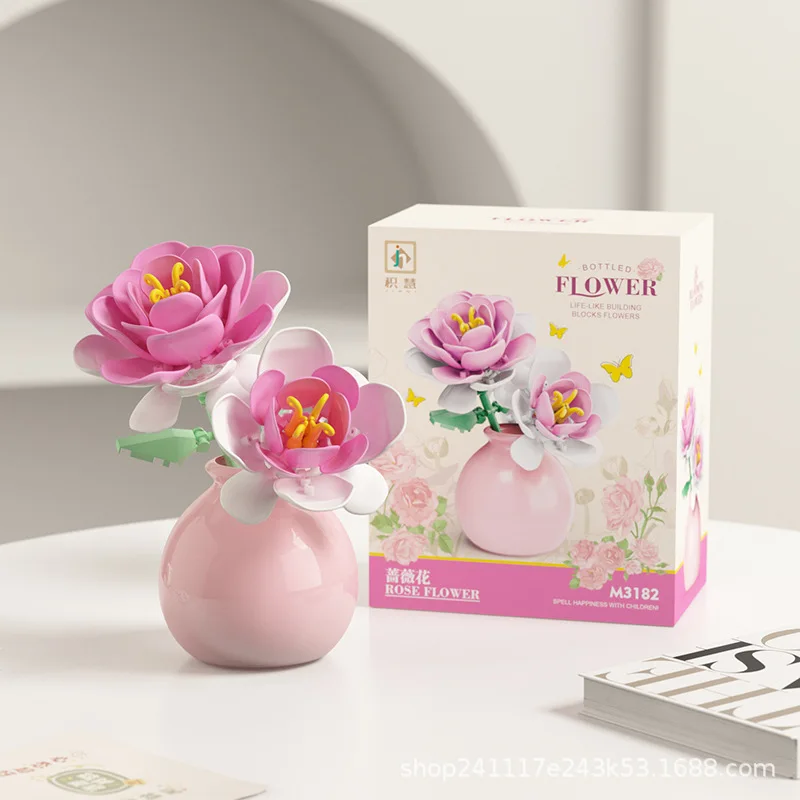 Building block pot plant bouquet of flowers, roses, lily building blocks, toys with flower pots, cute living room ornaments: Wood