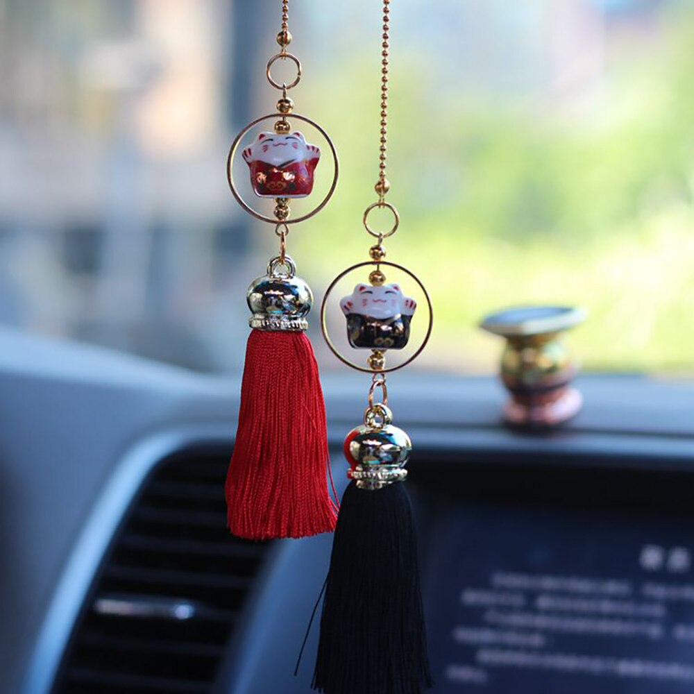 Colgante para coche, figura de gato de la suerte, borla de bendición, adorno automático, decoración de espejo retrovisor Interior automotriz, adorno colgante,