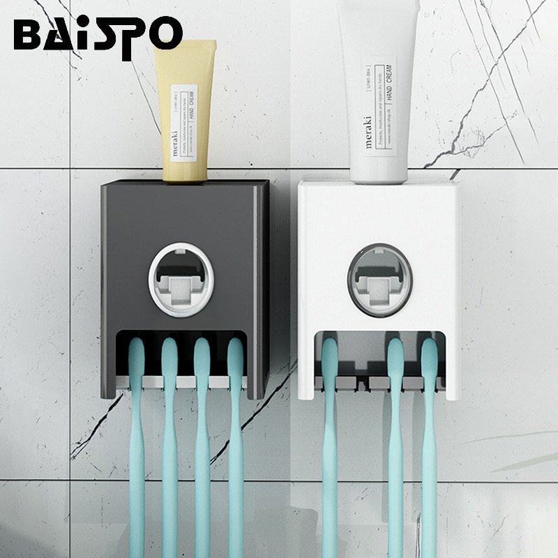 Baispo Alle-In-een Automatische Tandpasta Knijper Wandmontage Tandenborstelhouder Met Opbergrek Voor Badkamer Accessoires Sets