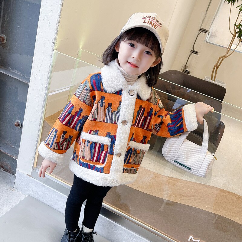 Mädchen Winter Mantel Verdickt Wolle zur Seite fahren 2022 Herbst Winter Neue freundlicher Kleidung Baby Graffiti Baumwolle Jacke Trend: Orange / 80cm