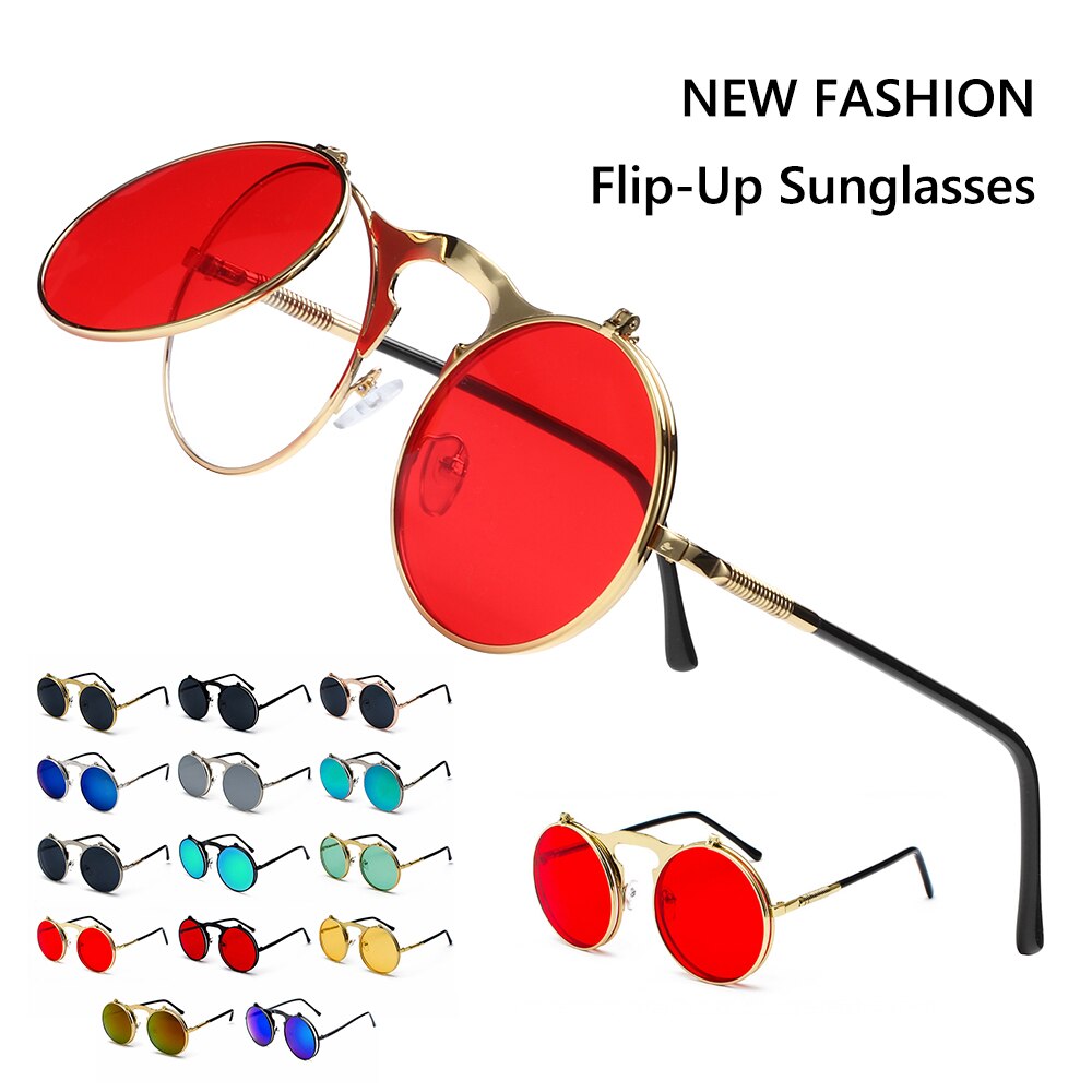 1 PC Vintage Punk Round Flip Up Sunglasses for Men Women Steampunk Driving Sunglasses Summer UV Protection Eyewear