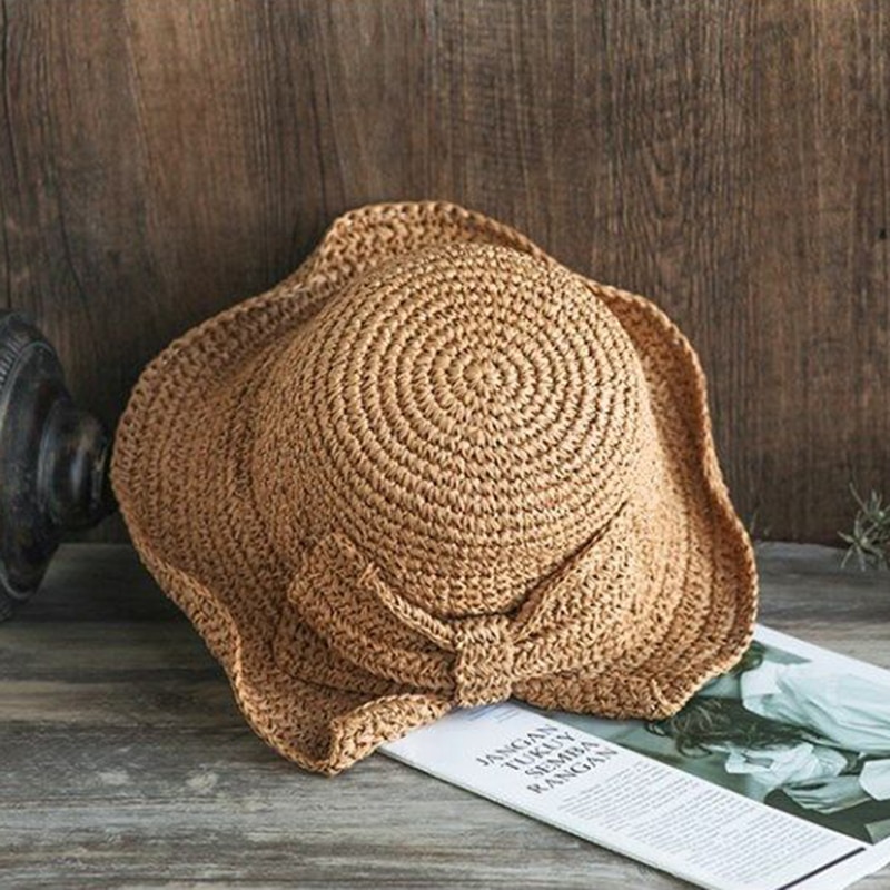 Ouder-kind 100% Raffia Boog Zonnehoed Brede Rand Floppy Zomer Hoeden Voor Vrouwen Beach Panama Stro Dome Emmer hoed Femme Schaduw Hoed