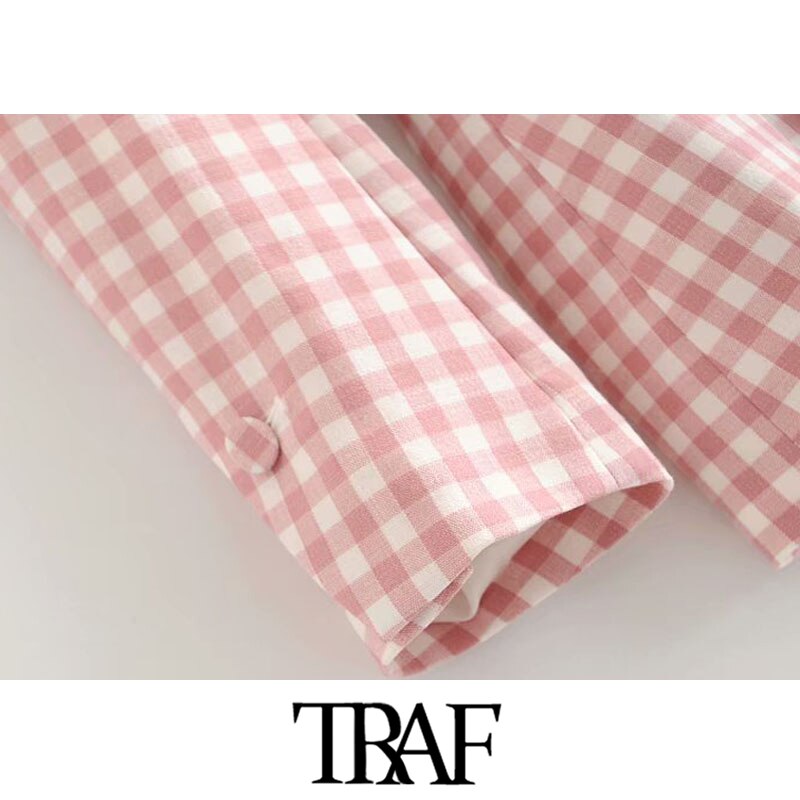 Traf kvinder kontortøj med bælte plaid blazer frakke vintage langærmede lommer kvindeligt overtøj smarte toppe