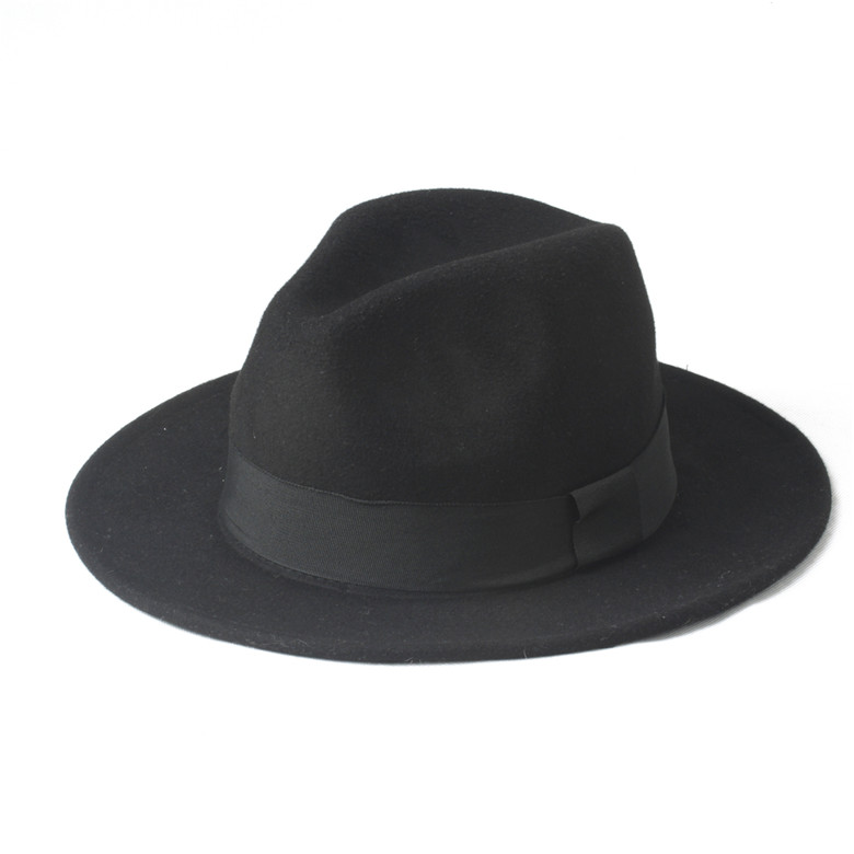 100%  uld bred rand vinter efterår mænd følte trilby fedora hat til gentleman top cloche panama sombrero cap 58cm: Sort