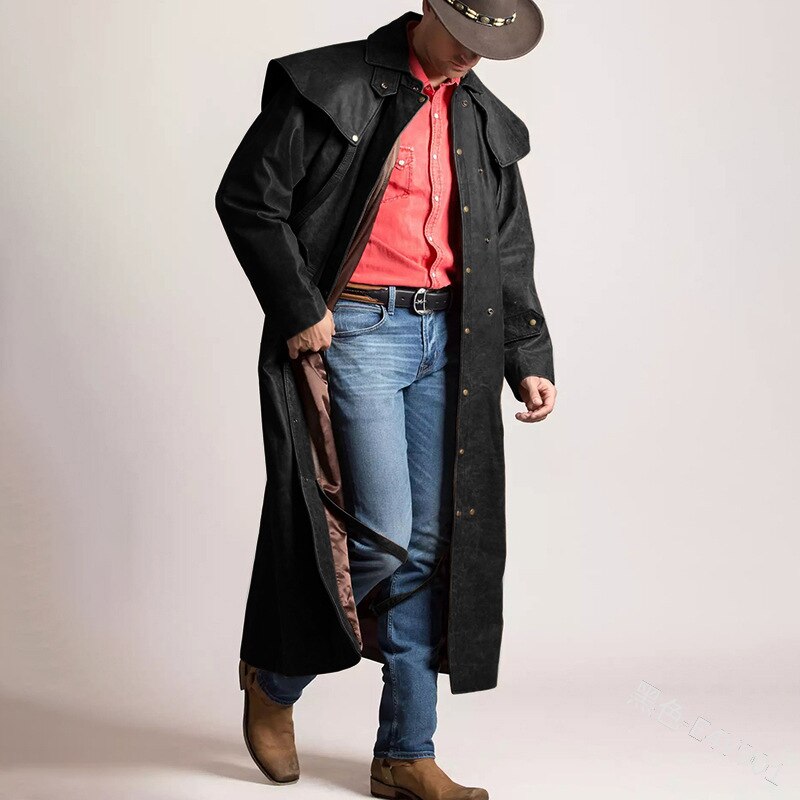 Wepbel cowboy læder duster coat vintage stil vinter frakke fuldærmet retro inverness greatcoat steampunk ridejakke: Sort / Xxl