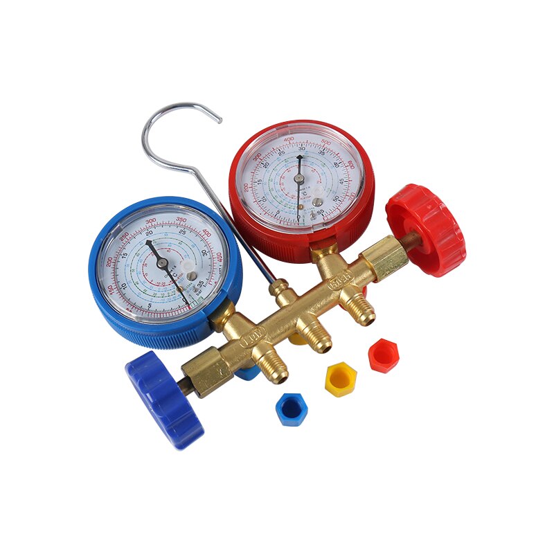 Juego de manómetros de colector de refrigerante con manguera y gancho para refrigeración de aire acondicionado R410A R134A