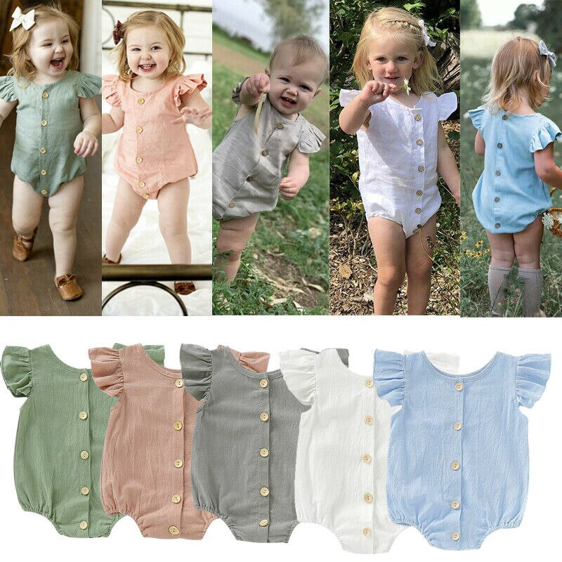 Infants Baby Girls Boys Cute Bodysuits Pure Color Ruffles Short Sleeve Jumpsuit Clothes One Piece 5 Colors