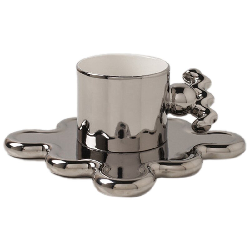 210Ml Ceramic Memphis Medieval Coffee Cup Couple Mug Frosted Ceramic Cup Coaster Box Set: Silver