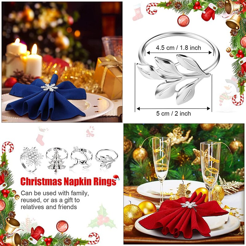 16Pcs Zilver Kerst Servetringen Sneeuwvlok Servetringen Decor Kerst Herten Servet Houders Bladeren Tafel Ringen Decor