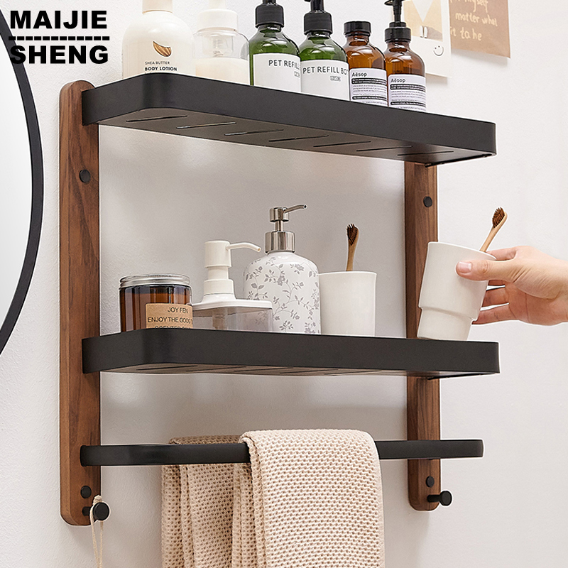 Estantes cuadrados, estante de almacenamiento de artículos de baño, estante de almacenamiento de cocina montado en la pared individual/doble, accesorios de baño de madera/aluminio