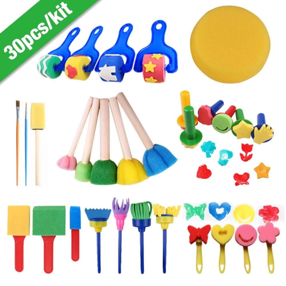 Kids Early Learning Sponge Painting Kit Child Early Education Paint Set 30 Pieces Sponge Drawing Shapes Paint Brushes: Default Title