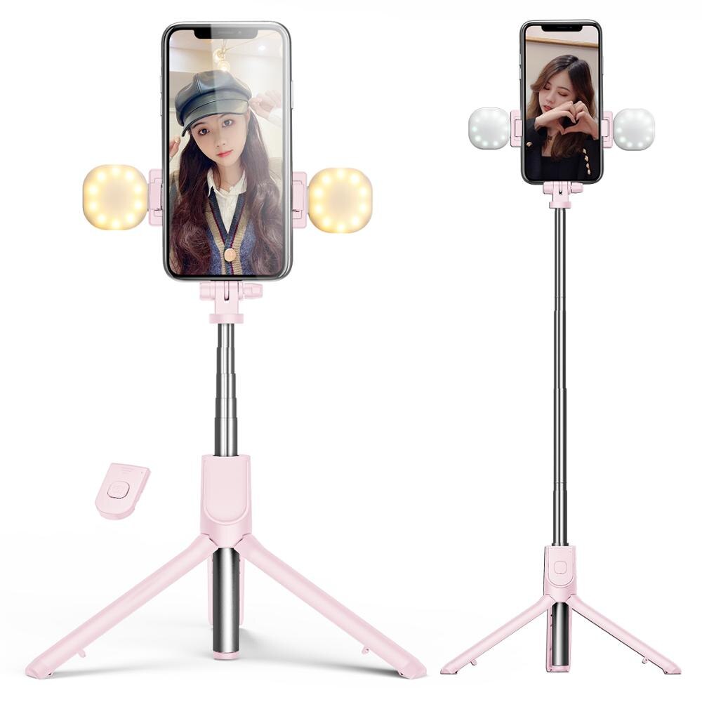 4 in 1 selfie ring light wireless Bluetooth selfie stick mini tripod Handheld Extendable selfie stick With Remote: pink dual light