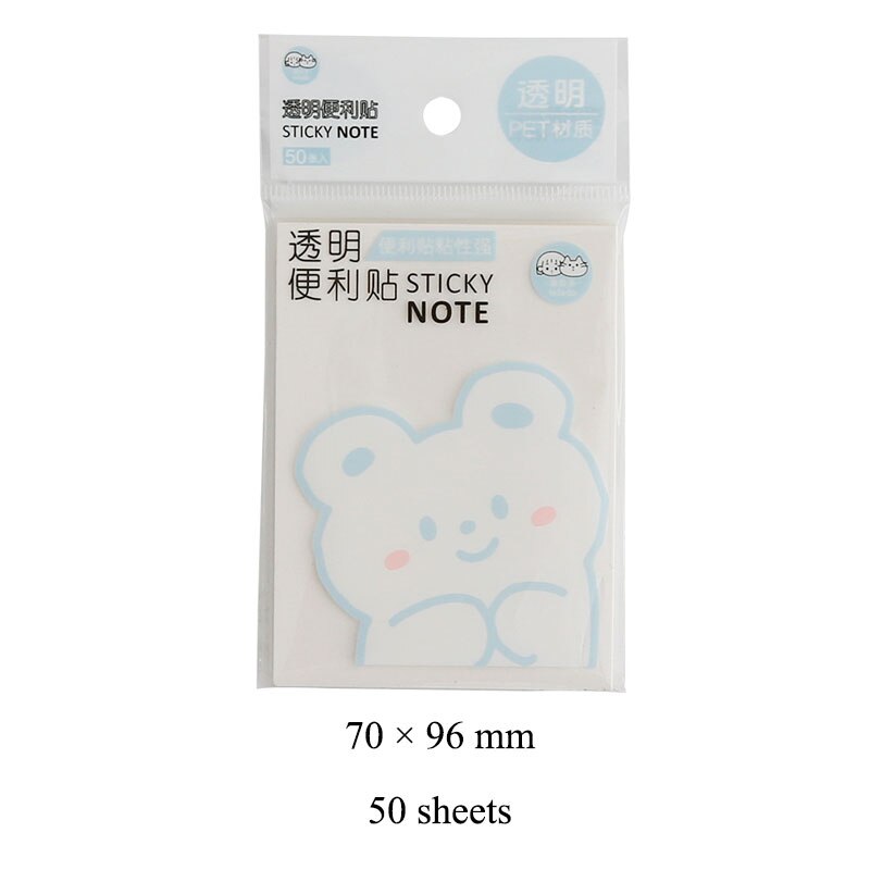 Kawaii Clear Sticky Notes Set 50 Sheets Waterproof Adhensive Notepad Posted it Stationery Stickers School Office Supplies: Bear 70x95mm