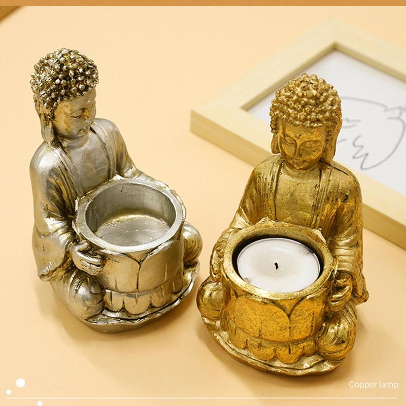 Portavelas con estatua de Buda, vela de meditación, decoración pequeña de Buda rezando, candelabro de resina meditando para el hogar, patio trasero y oficinas