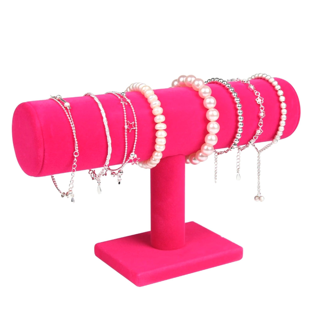 Draagbare Fluwelen/PU Lederen Armband Ketting Display Standhouder Horloge Sieraden Organisator T-Bar Rack KQS8: Rose Red Velvet