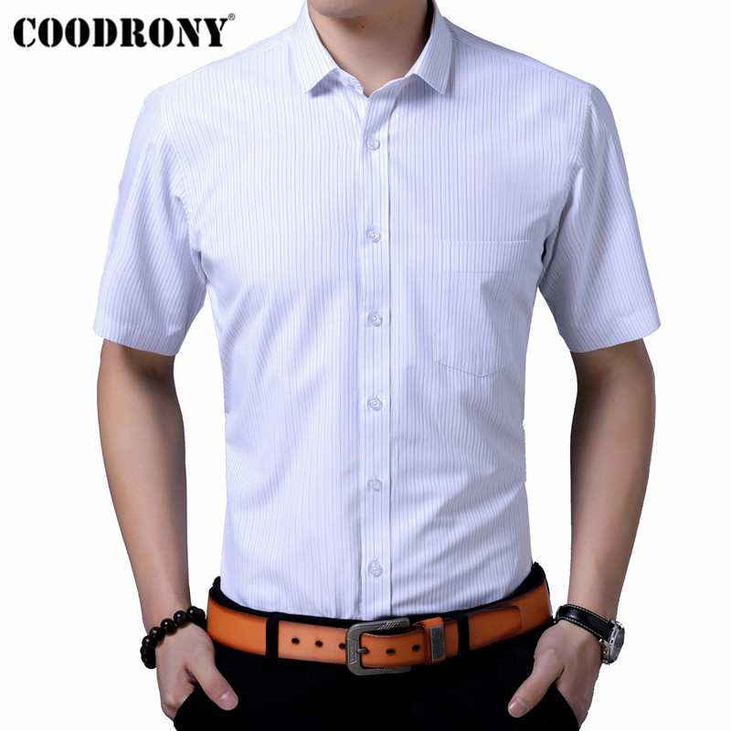 Coodrony katoenen herenoverhemd met zakje zomer klassiek gestreept overhemd met korte mouwen herenkleding sociaal zakelijk casual overhemden  s96069
