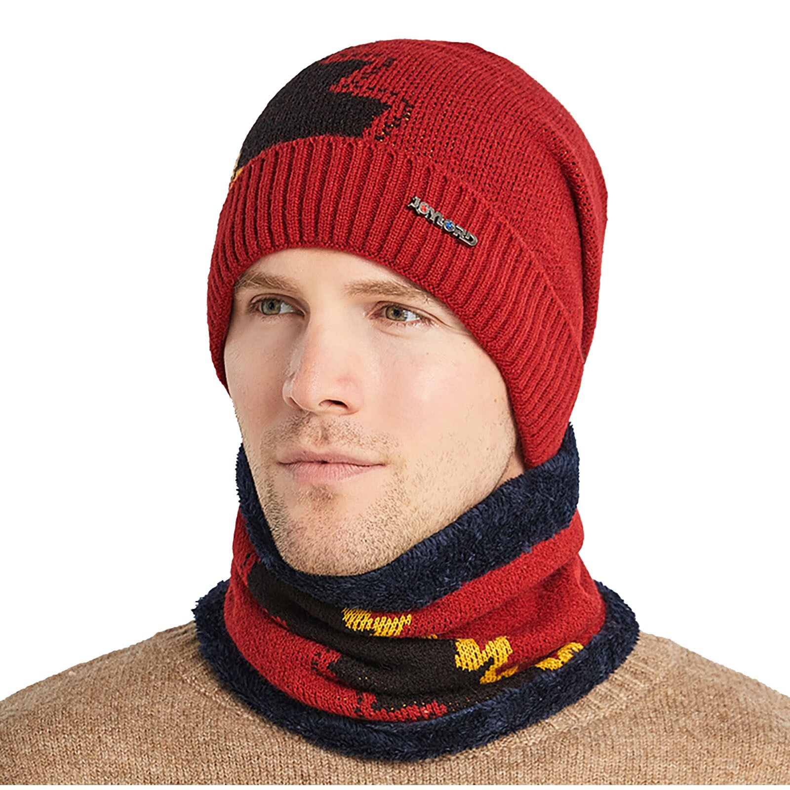 2Pcs Ski Cap En Sjaal Koude Warm Leer Winter Hoed Voor Vrouwen Mannen Gebreide Muts Motorkap Warme cap Mutsen: Red