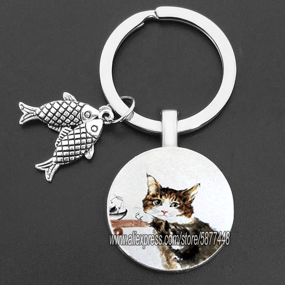 Ondeugende kat en vis glazen hanger sleutelhanger schattige kat die wil vis eten sleutelhangers voor vrouwen en schattig meisje: Sky Blue