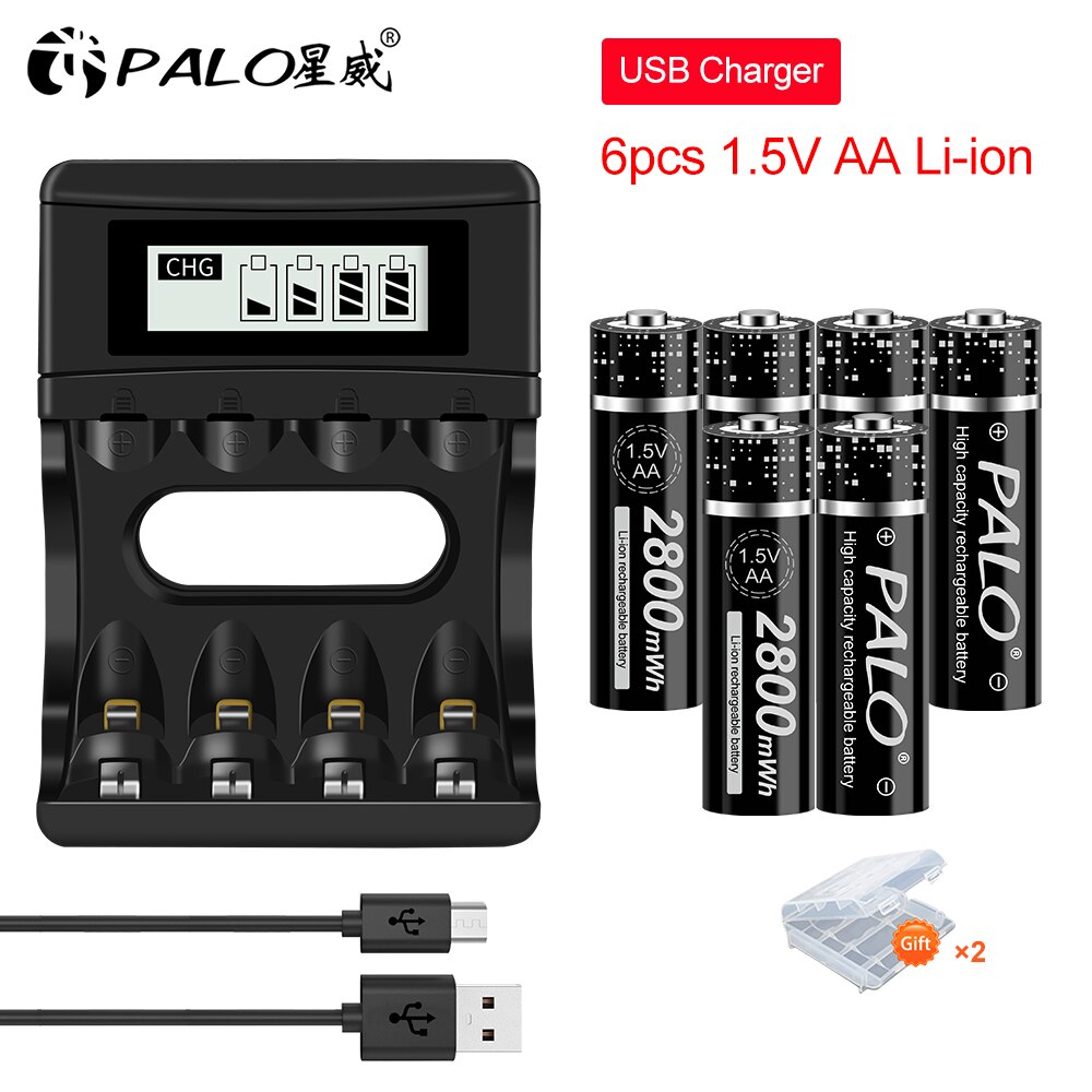 PALO – batterie rechargeable AA 1.5V, 2800mwh, lithium-ion, AA + 4 canaux, polymère, 1.5V: 6AA and charger