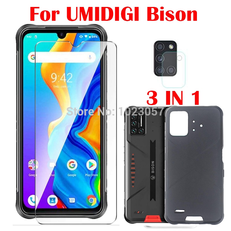 Funda blanda 3 en 1 + cristal templado para cámara UMIDIGI BISON IP68/IP69K 6,3, protector de pantalla de vidrio para UMIDIGI BISON GT 2.5D: For UMIDIGI Bison / 3 in 1 BLACK CASE