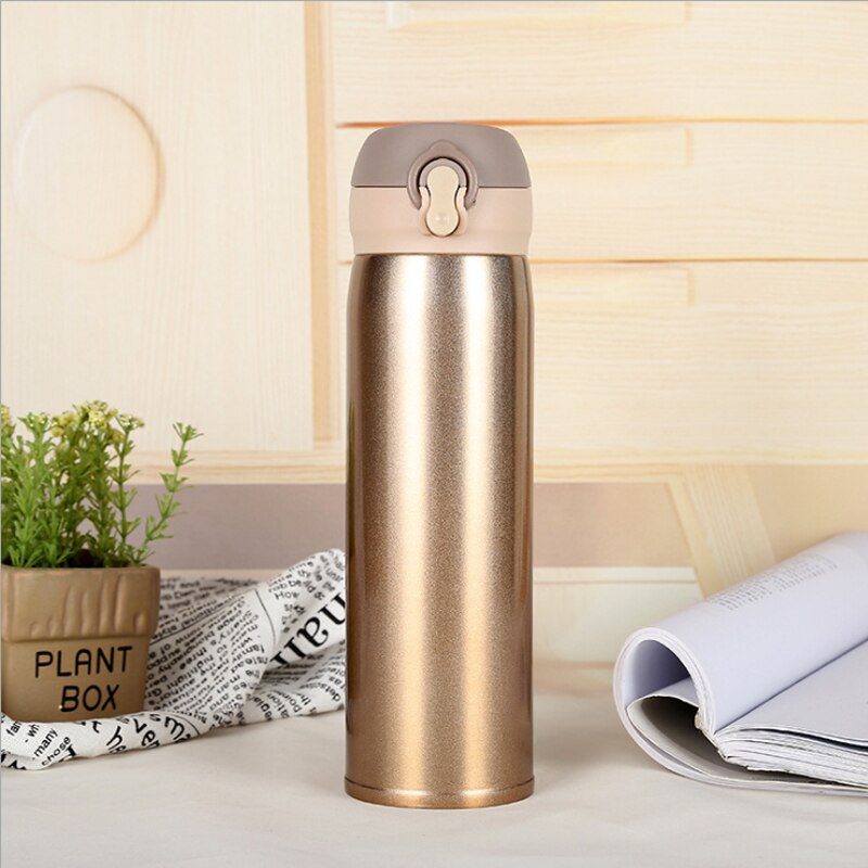 Termos portátiles de 500ml para botella de agua , frascos de vacío de acero inoxidable, tazas de café, té, hervidor turístico, taza térmica con tapas: Gold