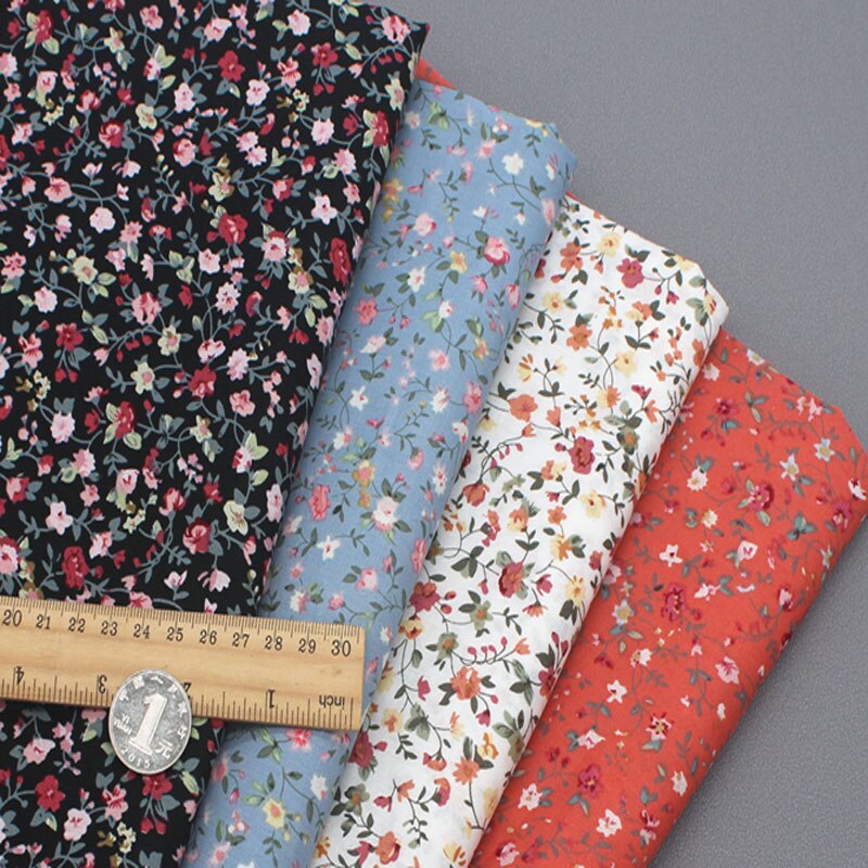 Tela de popelina de algodón con estampado Floral, Popelina de 4 colores, con hojas pequeñas y flores, 50x140cm, 100%