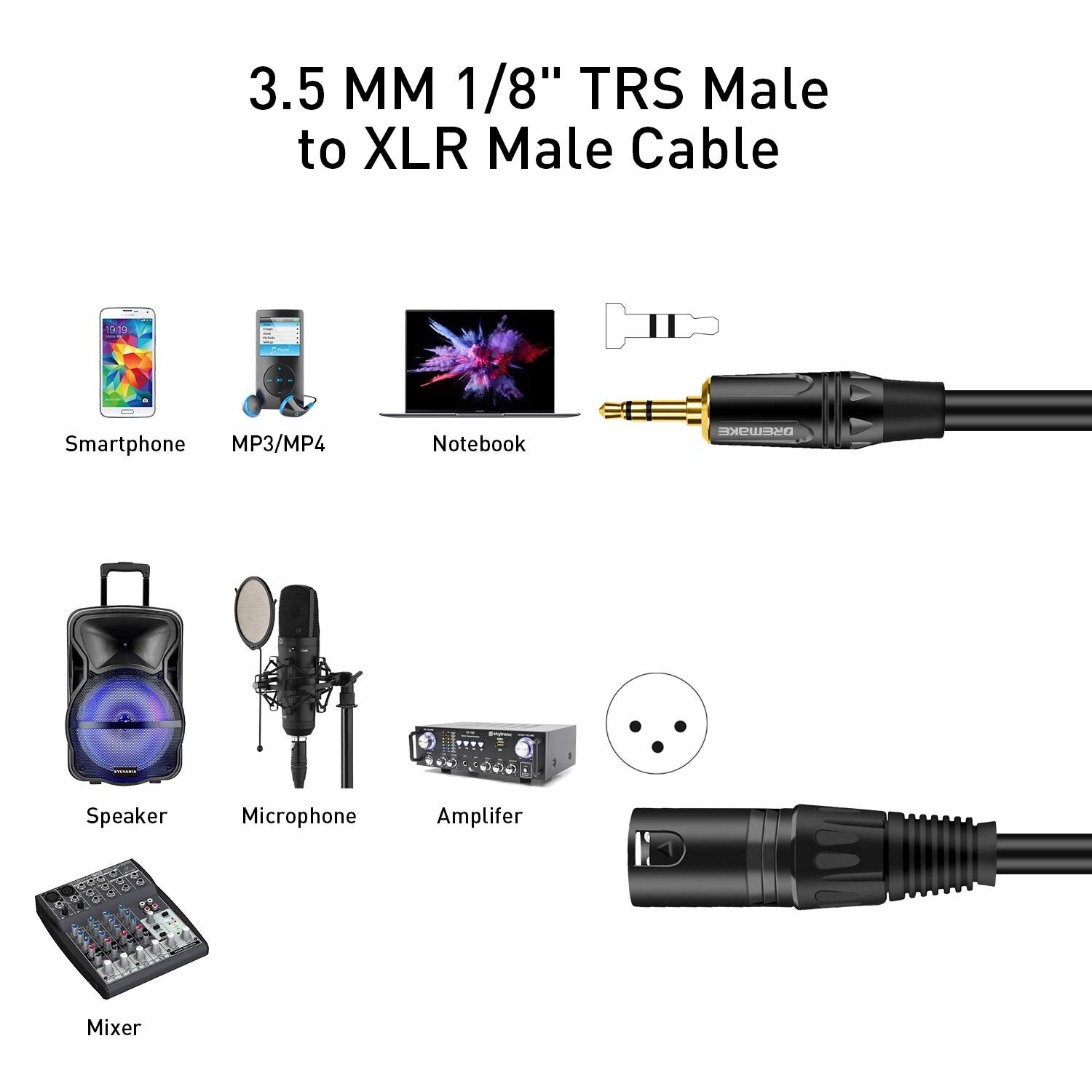 Balanceret xlr han-til-stik 1/8 tommer han-kabel til smartphones, afspillere, pc'er, bærbar tilslutning til mixerpult, forstærker, højttaler