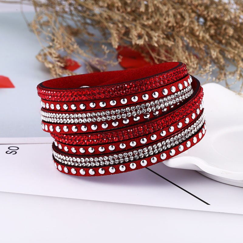 HOCOLE-Pulseras de cuero con abalorios de cristal para mujer, pulsera de diamantes de imitación multicapa, joyería femenina, de boda: Red Bracelet