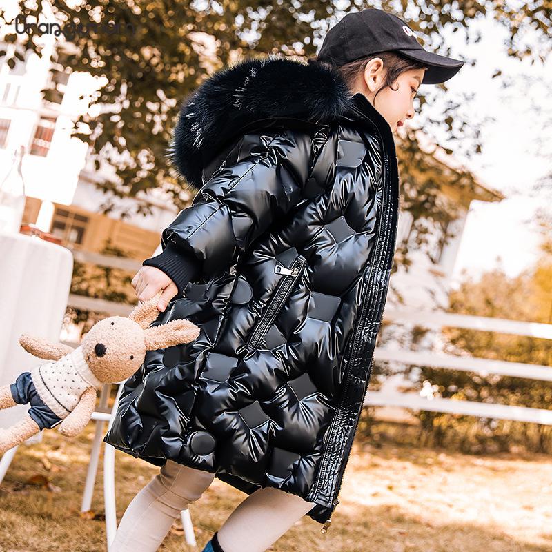 Odzież dla dziewczynek dla dzieci dzieci kurtka zimowa puchowa błyszcząca duża, futrzana bluza z kapturem ciepły, długi płaszcz w stylu kombinezony dziecięce kombinezony śnieżne