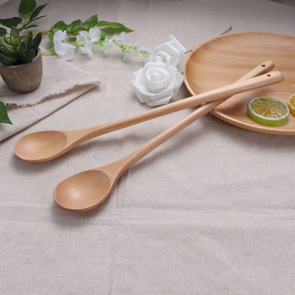 2pcs Long Handle Wooden Stirring Spoons Jam Spoon Kitchen Cooking Utensils