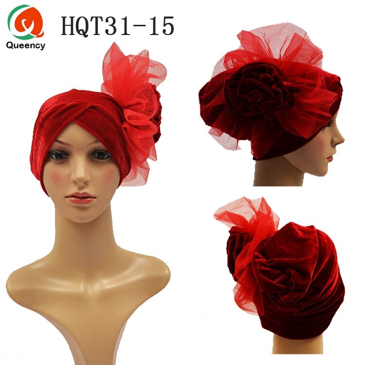 HQT31 Turban Nigeria cravate dames velours Tuban Gele casque musulman arabe Bonnet fleur chapeau pour mariage et fête: red