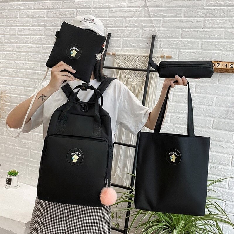 4 pièces ensemble sac d'école toile femmes sac à dos collège sac pour filles Anti-vol école sac à dos Mochilas femme sac à dos