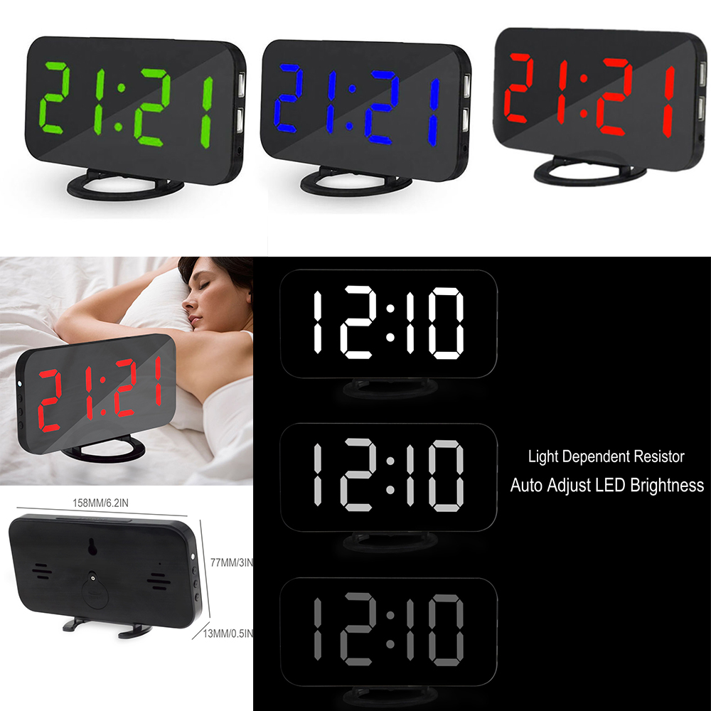 Digital Alarm Clock LED Mirror Clock Multifunction Snooze Display Time Night LCD Light Table Desktop USB Cable