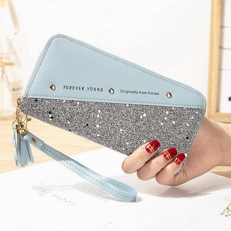 Women Sequined Patchwork Glitter Wallet for Women Long PU Leather Cards Wallet Coin Purse Female Wallets Girls: Blue